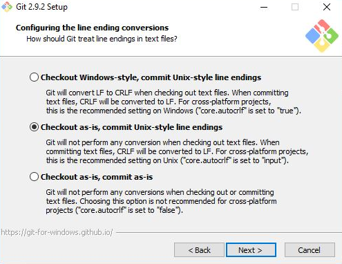 A screenshot displays line ending conversions configuration, with "Checkout as-is, commit Unix-style line endings" selected.