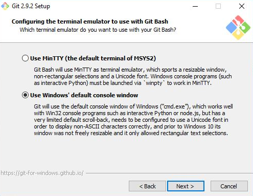 A screenshot displays the terminal emulator configuration, with "Use Windows' default console window" selected.