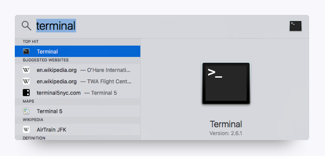 A screenshot displays "terminal" entered in the search box, with the first suggested result highlighted.