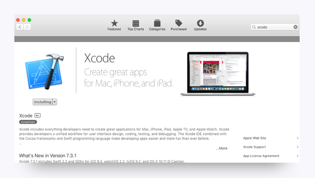 A screenshot displays the Xcode page in the Mac App Store.