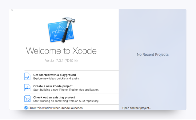 A screenshot displays the "Welcome to Xcode" window.
