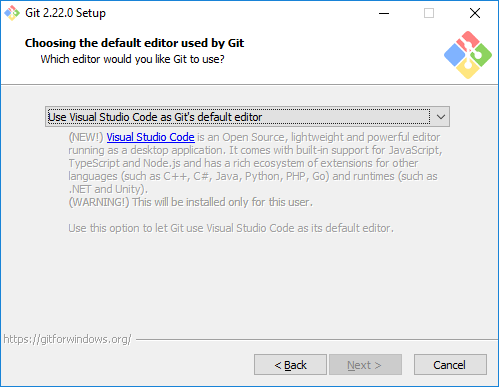 A screenshot displays the window "Choosing the default editor used by Git", with Visual Studio Code selected.